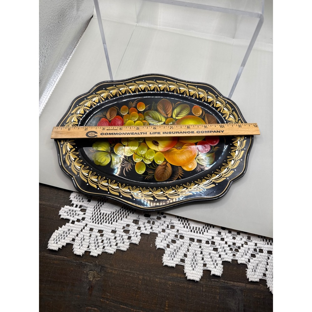 Russian Zhostovo Vintage Tole Tray Strawberry Black Gold Floral and Fruit 11.75" - Picture 9 of 10
